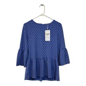 Tyler Boe Crosby 3/4 Sleeve Peplum Ruffle Top Blue Geometric Pattern, Small NWT